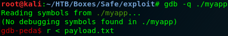 gdb-peda running myapp with the crafted payload file