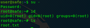 Switching to root via su and listing root.txt