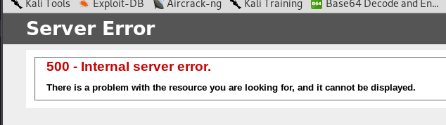 500 Internal Server Error page shown after login
