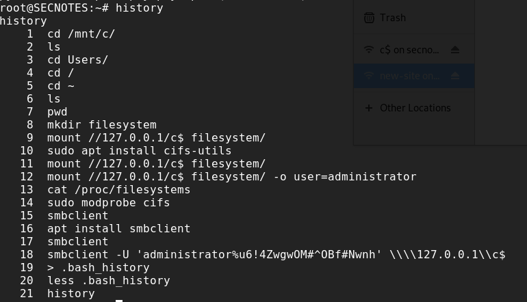 Bash history revealing the Administrator account’s SMB password