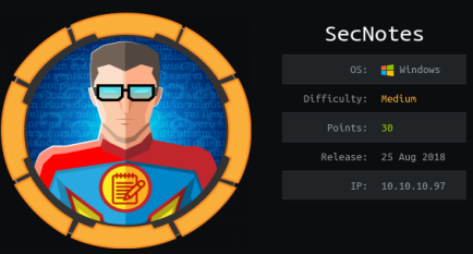 HTB SecNotes machine info card: Windows, Medium difficulty, 30 points