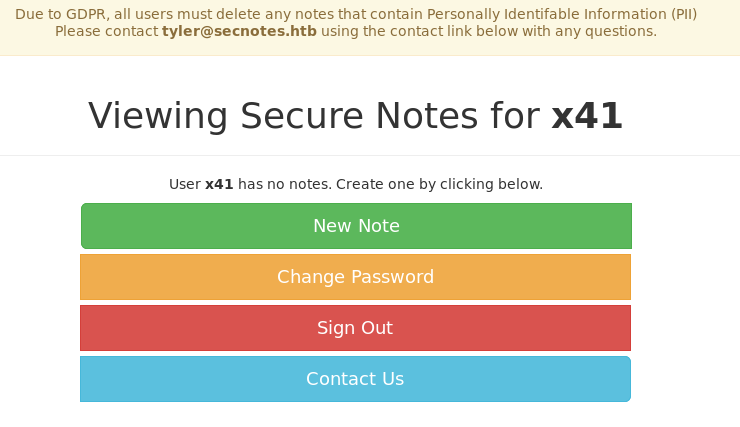 Notes page for user x41 with GDPR banner showing tyler’s email