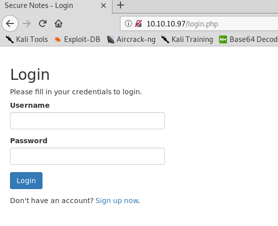 Secure Notes login page with username and password fields