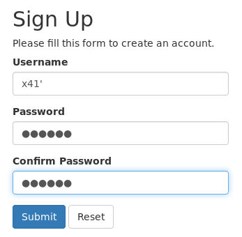 Sign-up form with a single quote entered in the username field