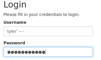 Login form using a SQL injection payload to authenticate as tyler