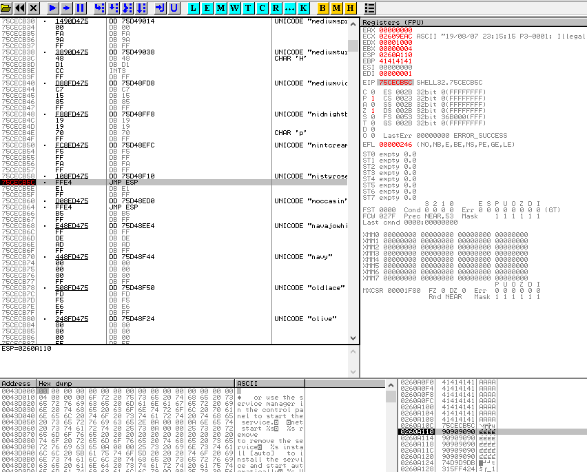 OllyDbg view with EIP at JMP ESP and NOP sled on the stack