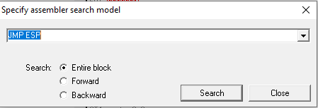 OllyDbg dialog searching SHELL32.dll for a JMP ESP instruction