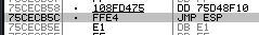 Disassembly showing a JMP ESP instruction found in SHELL32.dll