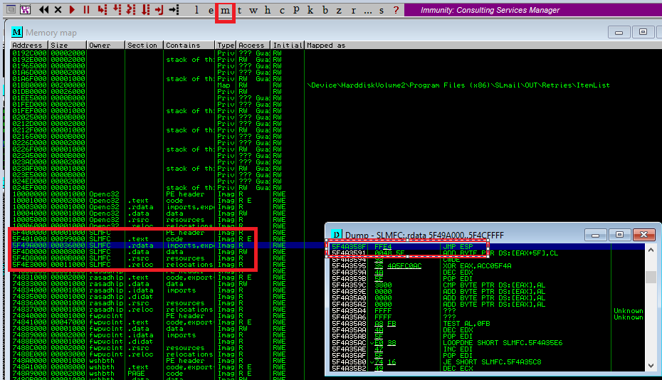 Immunity Debugger memory map showing JMP ESP in SLMFC.dll’s .rdata section