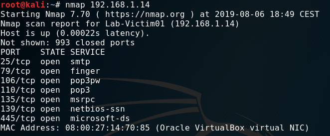 nmap scan showing SLMail POP3 port 110 open