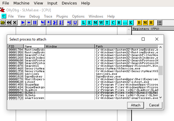 OllyDbg process selection dialog listing SLMail.exe