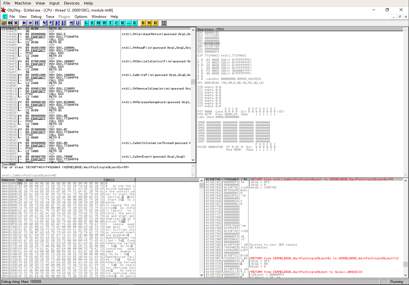 OllyDbg attached to SLMail process disassembly view