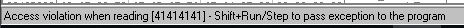 OllyDbg status bar showing access violation reading 41414141