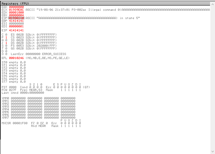 Registers panel showing EIP overwritten with 41414141