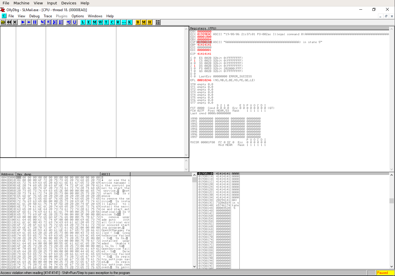 OllyDbg full CPU view after crash with EIP set to 41414141