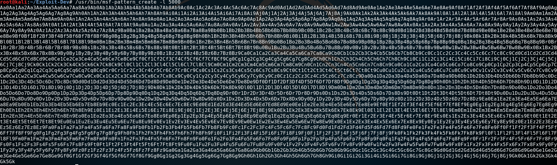 Terminal output of pattern_create generating a 5000-byte pattern
