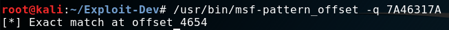pattern_offset finding the crashed EIP value at offset 4654