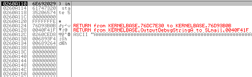 Stack dump showing buffer truncated after the null byte