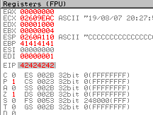 Registers panel showing EIP overwritten with 42424242
