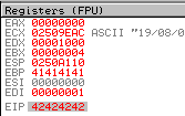 Registers panel showing EIP still overwritten after adding shellcode