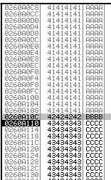 Stack dump confirming A’s, B’s, and C’s at correct offsets