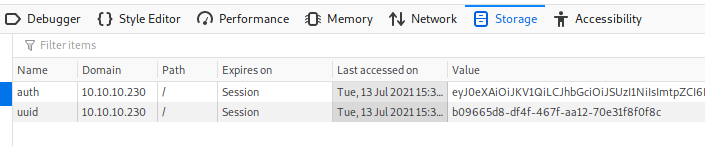 Browser storage tab showing auth JWT token