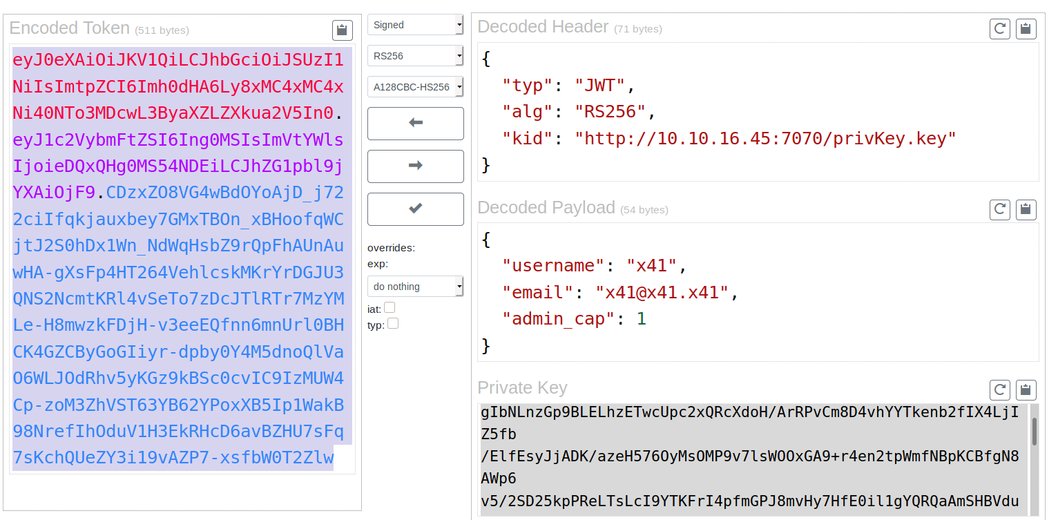 JWT decoder showing kid header and admin_cap payload