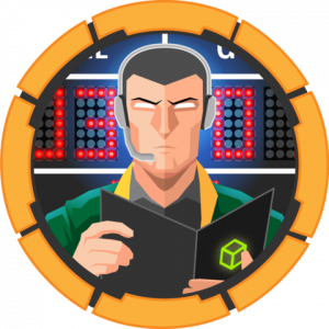 HTB The Notebook badge: an operator wearing a headset in front of monitoring screens