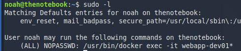 sudo -l output showing docker exec permission