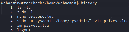 Bash history revealing privesc.lua commands