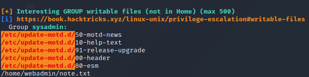 LinPEAS output showing writable motd files