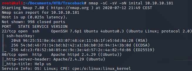 Nmap scan results showing SSH and HTTP ports