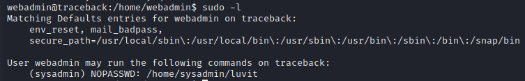 sudo -l output showing luvit permission
