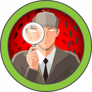 HTB Traceback badge: a detective with a magnifying glass and footprints