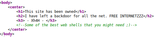 HTML source code with hidden webshell hint comment