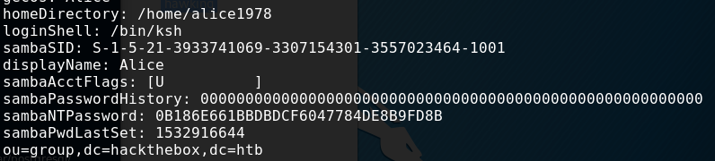 LDAP entry for user alice showing sambaNTPassword hash