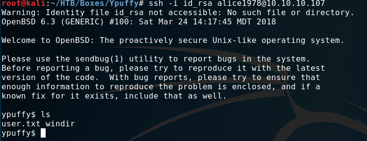 SSH shell as alice1978 with user.txt listed