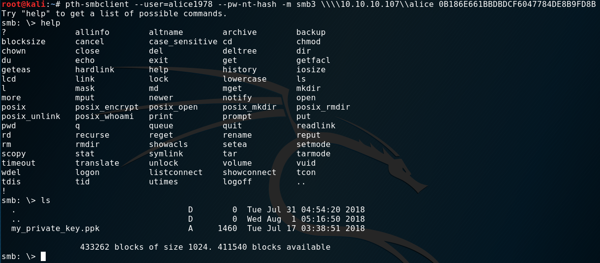 pth-smbclient session listing my_private_key.ppk on alice share
